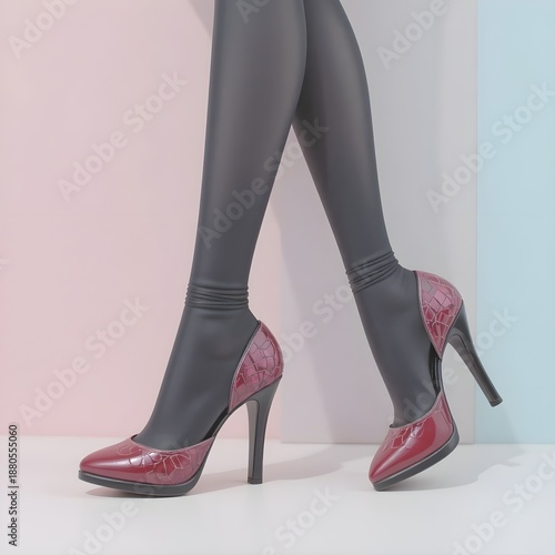 Legs of doll crossed against pastel background.Female fashion and shoe store idea.High-heel female shoes.


