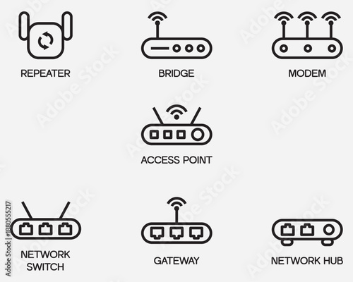 type of network device equipment outline icon .router thin line icon isolated on background.
