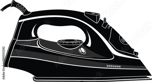 Black and white vector illustration of a modern electric steam iron icon, domestic laundry appliance silhouette isolated on white background for housework,