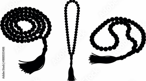 Three black silhouette prayer beads with tassels a symbol of spiritual devotion and meditation.