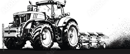 Black and white vector illustration of a modern farm tractor plowing soil, heavy agricultural machinery working on rural farmland isolated on white background,