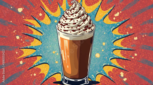 a cartoon illustration of a glass of chocolate milkshake with whipped cream on top and a colorful abstract background design element high quality professional