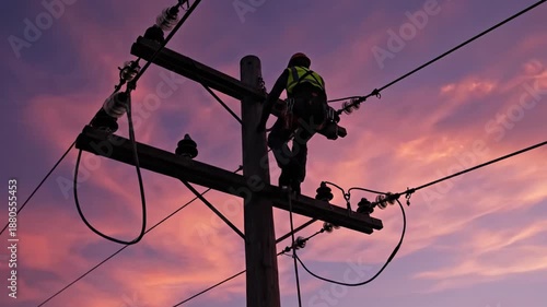 Lineman Technician Working on Power Lines High Above Ground During Dramatic Sunset Sky
