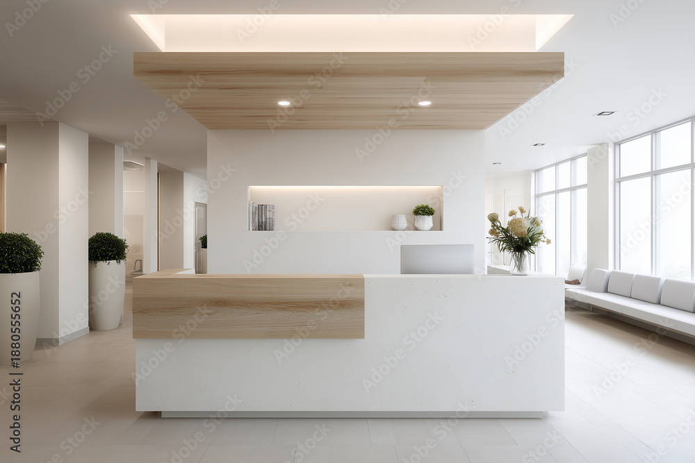 Fototapeta premium A modern office lobby with a wooden counter and a white wall