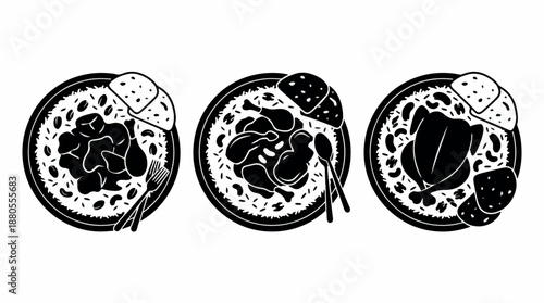 Three delicious meals served on round plates with bread and cutlery.