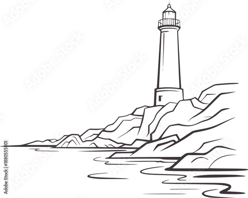 Minimalist black and of a lighthouse rocky cliffs by the sea water