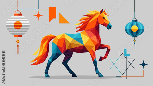 Geometric Low Poly Horse Symbol with Asian Lanterns Festive Background