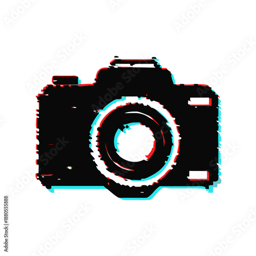 Black camera silhouette with glitch effect digital distortion symbol of photography technology arts