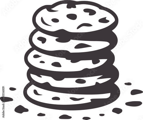 Stack of chocolate chip cookies with crumbs a surface in black and