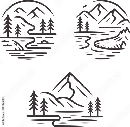 Three black and of mountains, trees, and lakes in circular frames