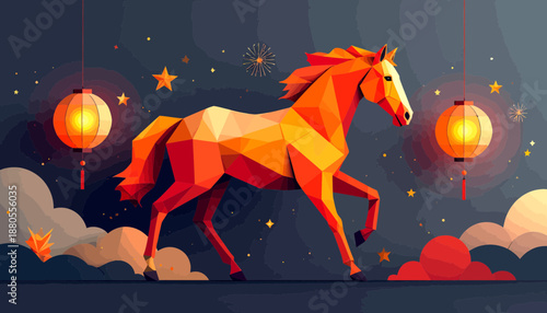 Geometric Horse Silhouette with Lanterns for Lunar New Year Celebration