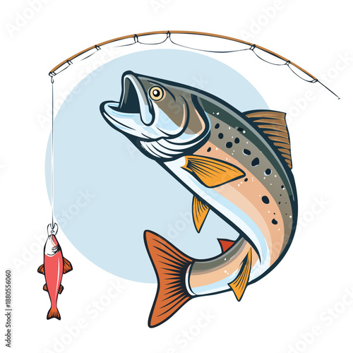 Cartoon fish on a hook in water vector illustration
