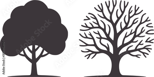 Two Minimalist Black and Tree Showing Leafy and Bare Trees leaves branches