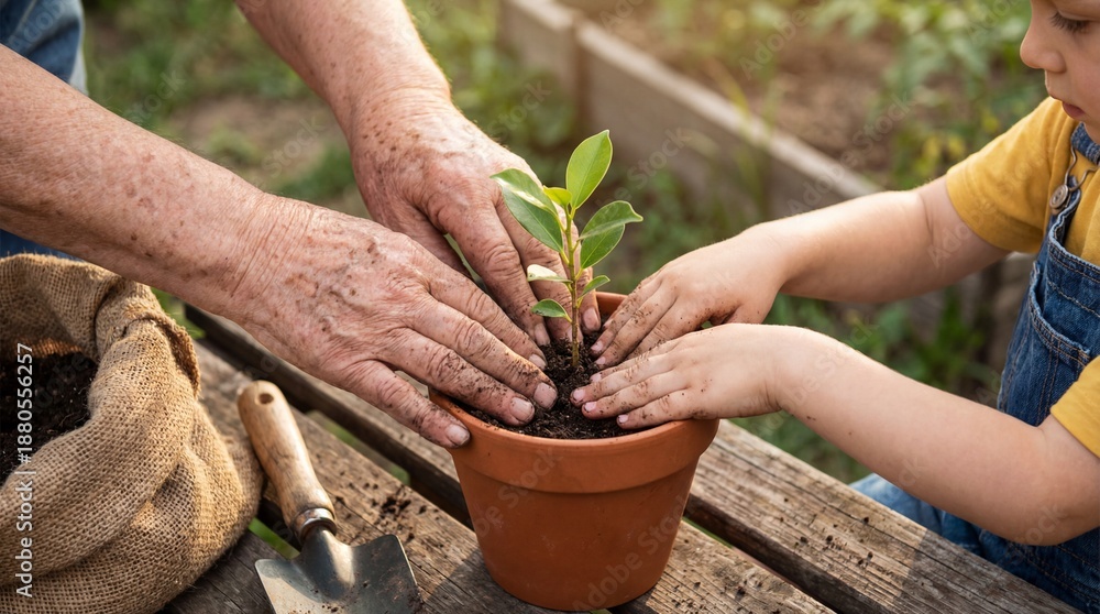Fototapeta premium Close-up of elderly and child hands planting a small tree seedling in a pot (Generative AI)