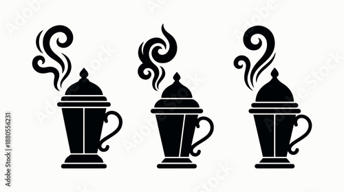 Three stylized black incense burners with swirling smoke isolated on white background.
