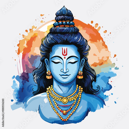 Cartoon vector illustration of the Hindu god shiva with an artistic face design inspired by creative fantasy art