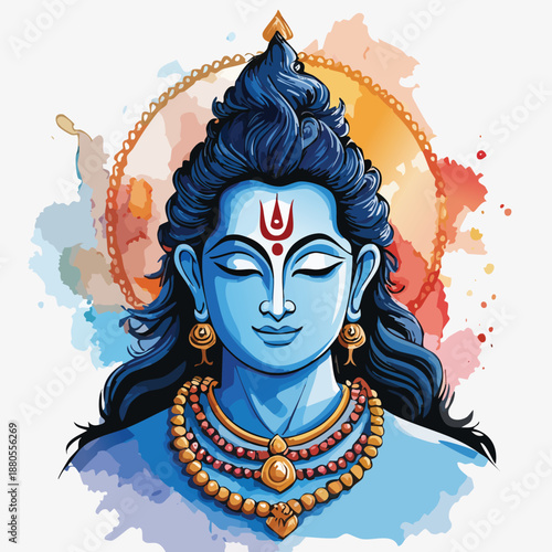 An artistic illustration of a black Hindu god Shiva mask featuring scary skull face paint and fashion hair for a Halloween carnival costume