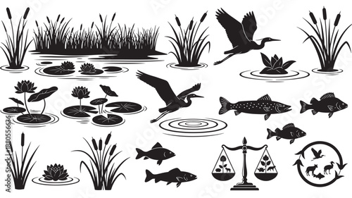 Black Silhouette Fish Birds Water Plants Pond Ecosystem