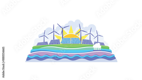 Sustainable Energy Landscape with Wind Turbines and Solar Panels, Generative AI.