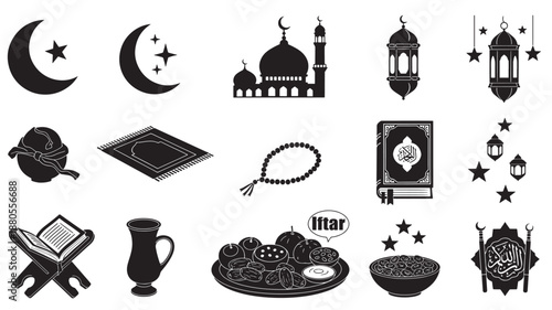 Ramadan Kareem Icons Set with Mosque, Crescent Moon, Lanterns and and Holy Quran