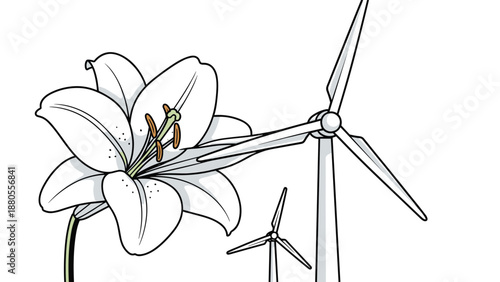 Lily flower and wind turbines representing clean energy and nature, Generative AI.