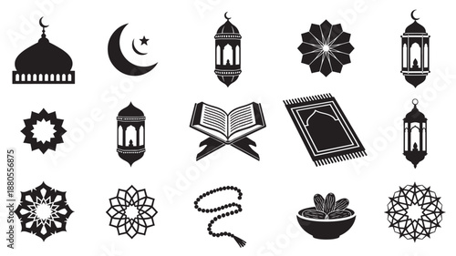 Ramadan Icons Set with Mosque, Lanterns, Quran and Arabic Decorations