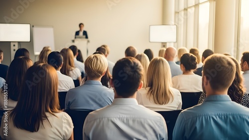 La audiencia comprometida escucha atentamente una presentación en una moderna sala de conferencias.