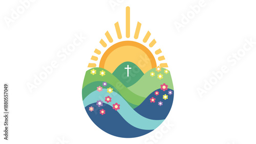 Sunrise over rolling hills with a cross symbolizing hope and new beginnings, Generative AI.