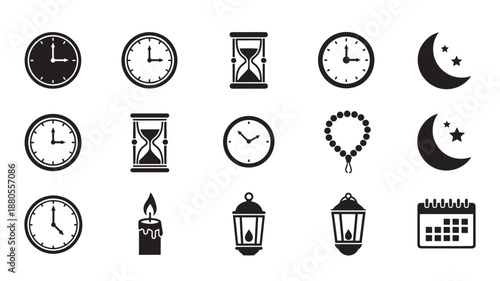 Clocks Time Icons with Moon Calendar and Lanterns