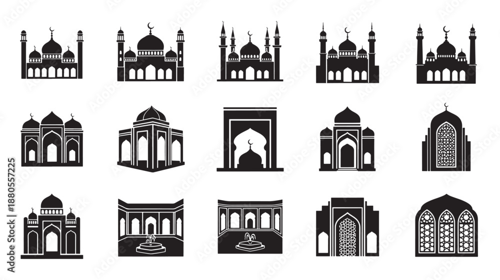 Fototapeta premium Taj Mahal Silhouette Icons Set