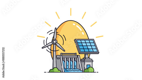 Renewable Energy Sources Sun Wind Turbine Solar Panel and Hydroelectric Dam, Generative AI.