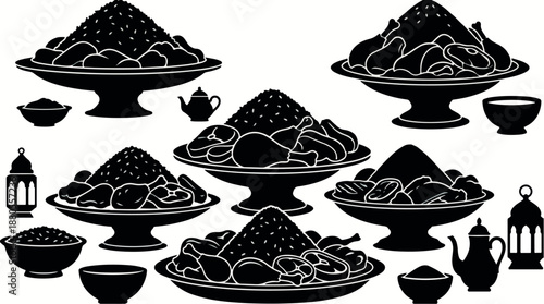 Traditional Middle Eastern Iftar Feast Silhouettes with Dates and Lanterns.