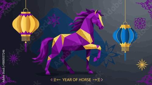Geometric Polygonal Horse Silhouette with Asian Lanterns for Lunar New Year Celebration