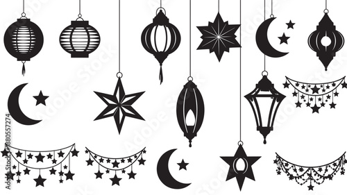 Ramadan Decorations Hanging with Stars, Moons, and Lanterns on White