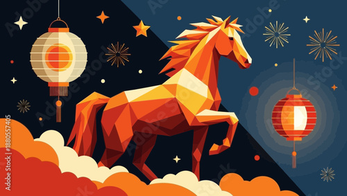 Geometric Horse Silhouette against Night Sky with Festive Lanterns for Lunar New Year Celebration