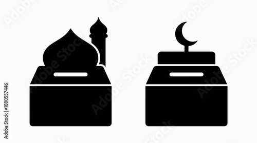 Two black silhouette icons of Islamic charity boxes one with a mosque dome and minaret the other with a crescent moon.