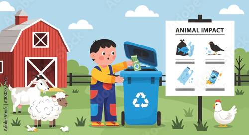 Boy Putting Trash in Recycling Bin.