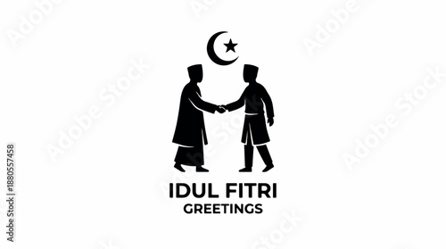 Two Muslim men shaking hands under a crescent moon and star celebrating Eid alFitr.