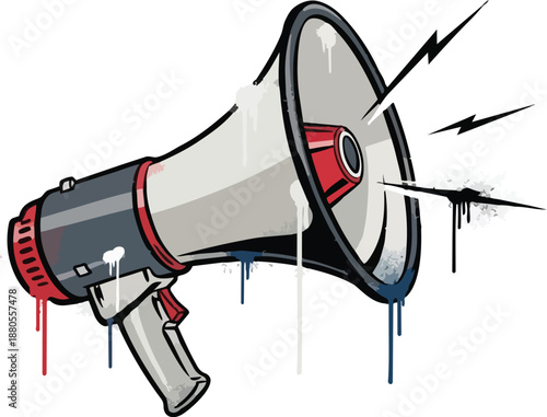 Electric Megaphone Illustration with Lightning and Water Droplets