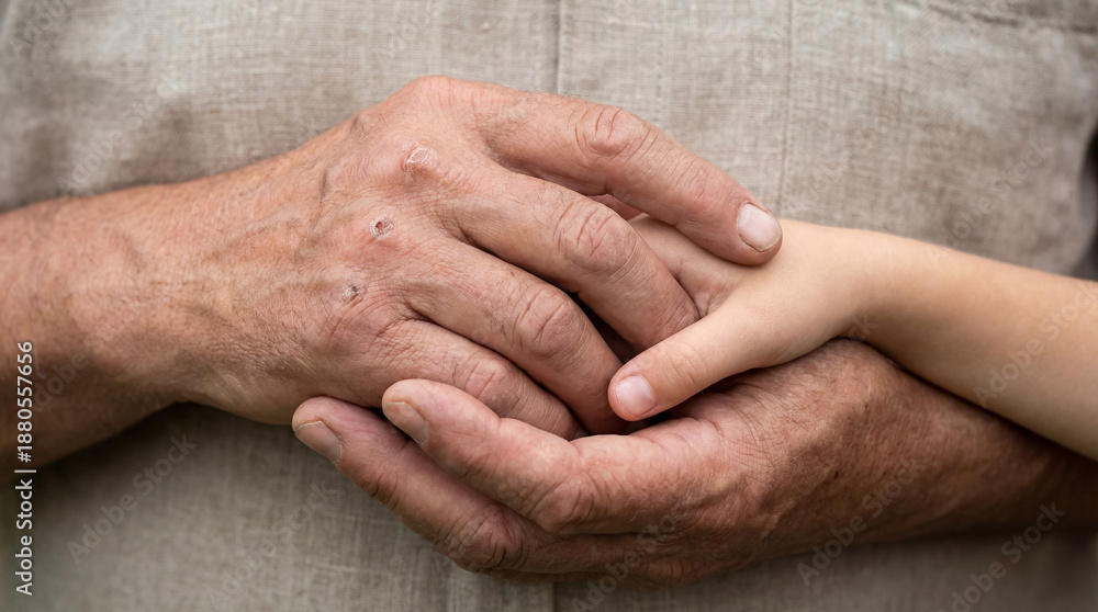 Fototapeta premium A close-up reveals an older person's hands gently enveloping the hand of a small child. It's a touching scene showcasing affection, safety, and intergenerational connection.