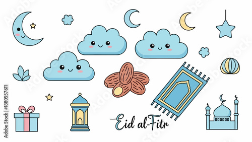 Cute Eid al-Fitr elements: mosque, prayer rug, dates, gift, moon, clouds, lantern