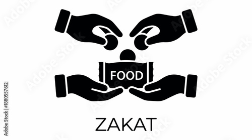 Zakat food donation concept with hands giving and receiving food symbolizing charity and religious giving.