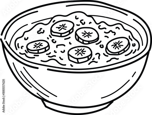 A bowl of steaming hot soup with sliced ingredients and garnishes viewed from above in a simple illustration style
