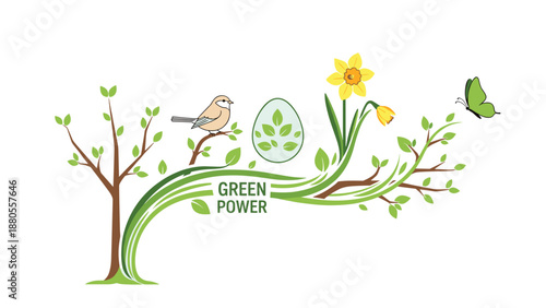Green Power Nature Illustration with Bird Butterfly Daffodils and Easter Egg, Generative AI.