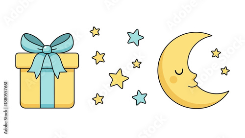 Cute Gift Box, Crescent Moon Face, and Stars - Whimsical Nighttime Celebration Elements