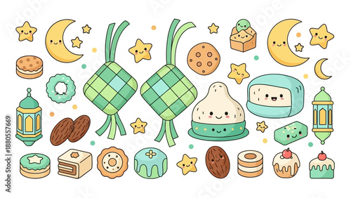 Cute Islamic Eid Al Fitr Symbols: Ketupat, Moon, Stars, Sweets & Lanterns