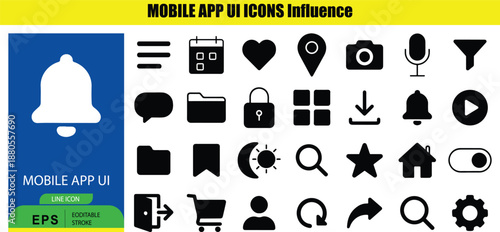 Collection of Outline black and white mobile app U I on white background UI black and white