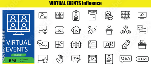 Set of line for virtual events on Outline white background line virtual events computer screen