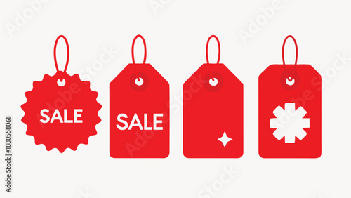 Multiple red tags are attached to a string, hanging downwards..eps