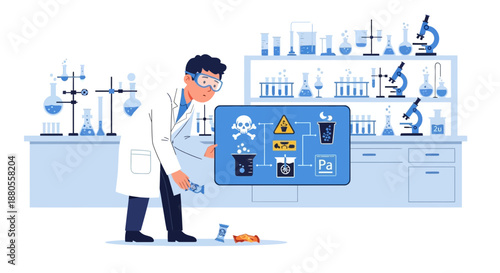 Man in lab coat looking at screen.